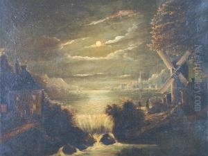 Moonlit River Landscape With Waterfall And Windmill