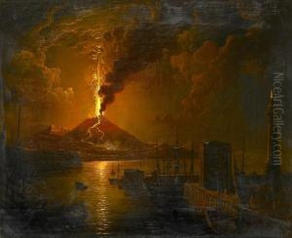 A Harbour Scene At Night Illuminated By A Volcanic Eruption - view 1