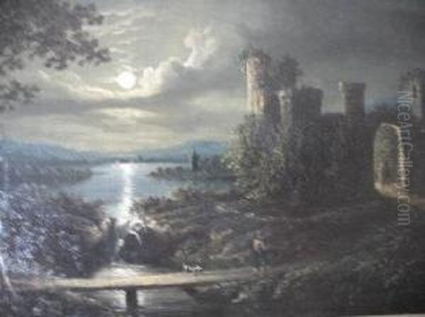 Extensive Moonlit Landscape With Ruined Castle By A Lake - view 1