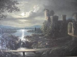 Extensive Moonlit Landscape With Ruined Castle By A Lake