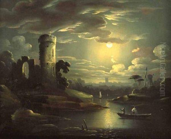 Moonlight River Landscape With Fishermen In Boat In Foreground - view 1