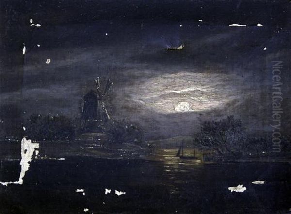 Moonlit Coast With Windmill - view 1