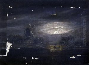 Moonlit Coast With Windmill