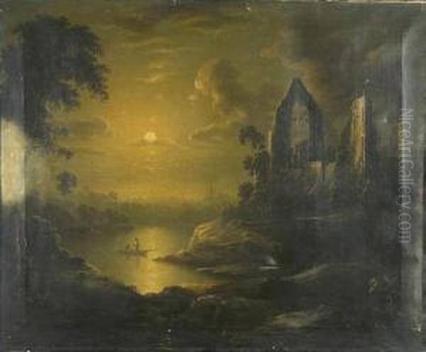Laying Nets By Moonlight, A Lake Scene With Ruined Abbey - view 1