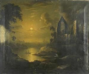 Laying Nets By Moonlight, A Lake Scene With Ruined Abbey