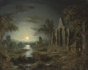 A Moonlit Wooded River Landscape
 With Figures And A Ruined Church In The Foreground, A Village Beyond
