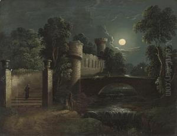 A Moonlit Wooded River Landscape With Figures Crossing A Bridge, A Castle Beyond - view 1