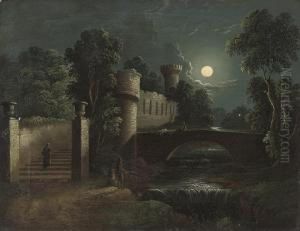 A Moonlit Wooded River Landscape With Figures Crossing A Bridge, A Castle Beyond