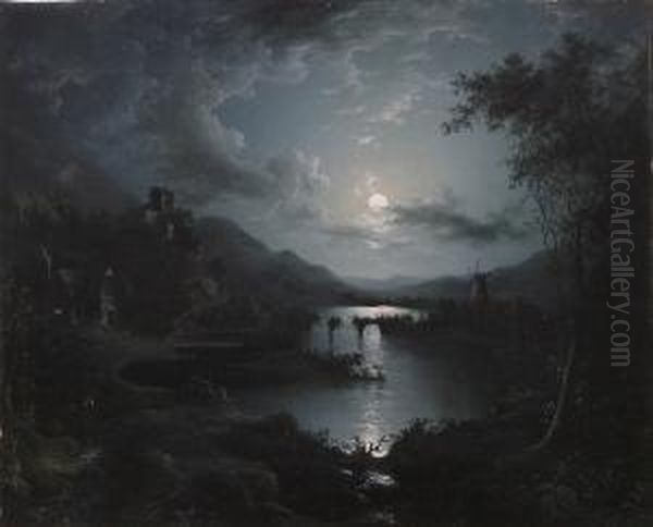 Moonlit River Scene, Windmill Beyond - view 1