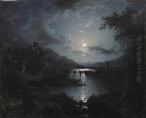 Moonlit River Scene, Windmill Beyond