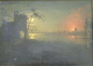 Moonlit Harbour With Burning Town Beyond 9 X 12.5in