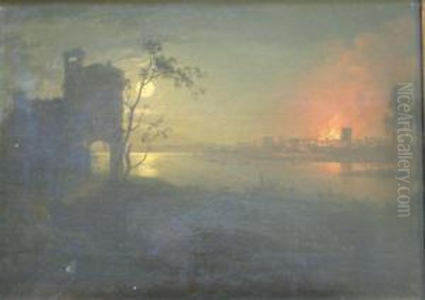 Moonlit Harbour With Burning Town Beyond - view 1
