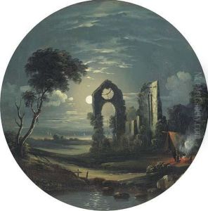 Figures Camping Next To Ruins By Moonlight