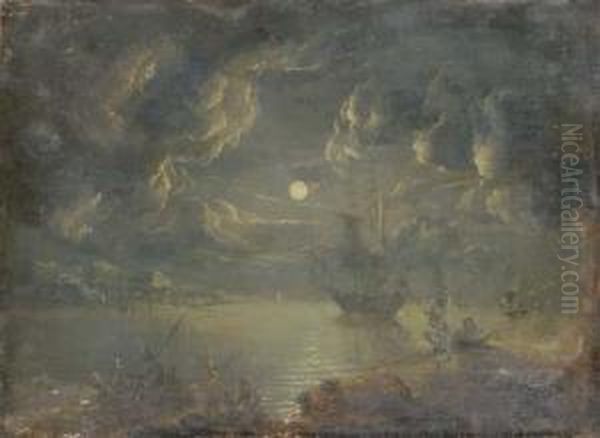 A Man-o'war And Other Shipping Off The Coast By Moonlight - view 1