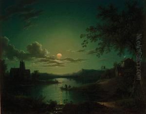 River Fishing By Moonlight - A Public House On One Bank, A Church On The Other