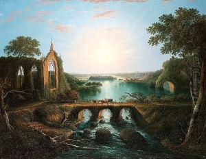 An Extensive River Landscape With Cattle On A Bridge Before A Church Ruin