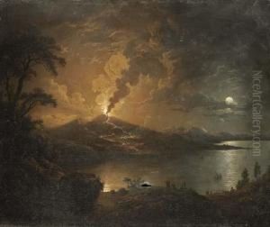 A Coastal Landscape With A Volcano Erupting By Moonlight