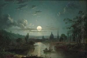 A Moonlit River Landscape With Figures In A Boat by Sebastian Pether