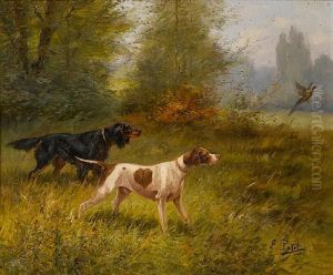 Two Setters Putting Up Game; A Pointer And A Setter Flushing A Pheasant by Eugene Petit