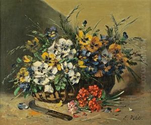 A Still Life With Flowers In A Basket