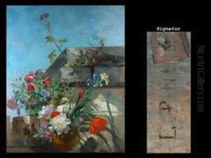Topf Mit Sommerblumen An Mauer Hangend by Eugene Petit