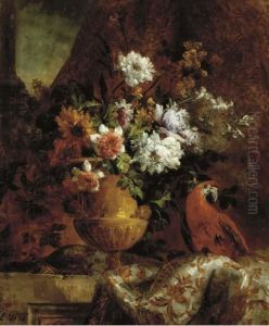 Flowers In An Urn And A Parrot On A Ledge by Eugene Petit