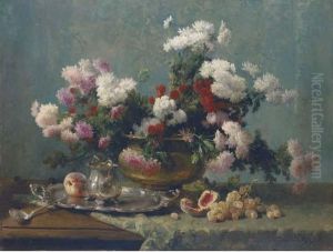 Chrysanthemums In A Brass Urn, And A Silver Tray And Jug On Adraped Table