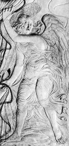 An angel drawing back a curtain by Agostino di Duccio