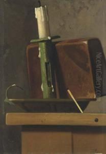 Sill Life With Candlestick, Book And Match