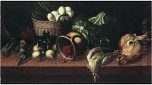 Still Life Of Eggs And Asparagus
 In A Wicker Basket, Together With Raspberries In An Upturned Jug, 
Turnips, Cabbages, Cherries, A Chicken And A Calf's Head, All Arranged 
Upon A Table Top