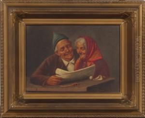 Genre Scene Of Old Manand Woman Reading Newspaper by Arturo Petrocelli