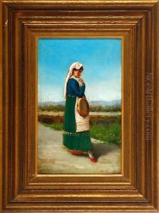 A Sunny Landscape With A Lady In A Traditional Costume. Signed. Dated 1881