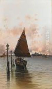 A Fishing Boat On The Venetian Lagoon With Santa Maria Della Salute In The Distance by Salvatore Petruolo