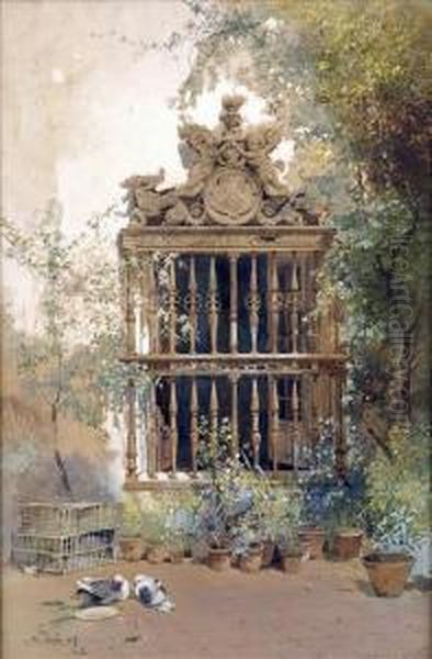 Petruola A Sunlitcorner, With Doves And Flower Filled Pots - view 1