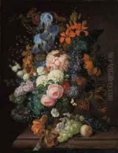 Roses, Peonies, Irises, Violets,
 And Other Blossoms In A Terracottaurn, And Grapes, Blackcurrants And A 
Peach On A Table by Franz Xaver Petter