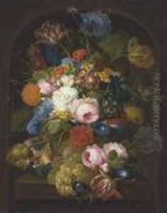 A Still-life Of Flowers With Grapes, Peaches And Plums On A Stoneledge In A Niche