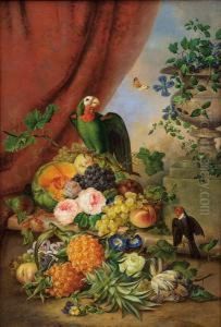 Groses Blumen- Und Fruchtestillleben Mit Papagei by Franz Xaver Petter