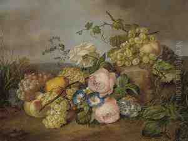 Grapes, Peaches And A Pear With Roses - view 1