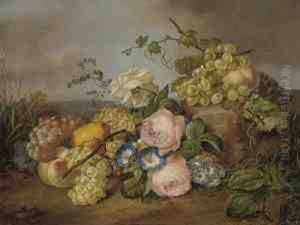 Grapes, Peaches And A Pear With Roses