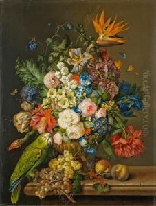 A Still Life Of Roses, Tulips, A
Bird Of Paradise, And Other Flowers In An Urn, Beside A Green Parrot,
Grapes And Peaches On A Marble Ledge; Also by Franz Xaver Petter