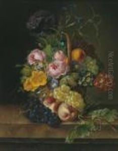 Natura Morta Con Cesto Di Fiori E Frutti
