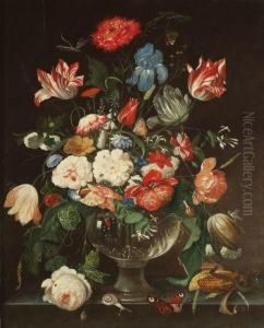 Blumenstilleben Mit Insekten Vor Dunklem Hintergrund In Der Art Der Hollandischen by Franz Xaver Petter
