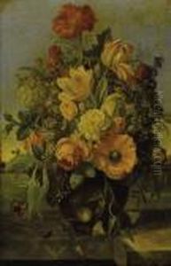 Elaborate Floral Bouquet On A Marble Ledge With A Landscape Beyond by Franz Xaver Petter