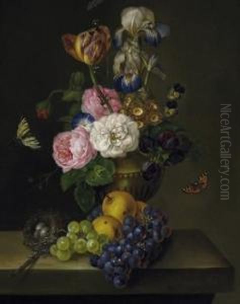 Still Life. A Vase With
Spring-flowers Next To Grapes, Apples And A Birds' Nest On A Table
Plate. Signed And Dated On The Plate: F. Petter 1812 - view 1