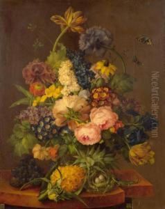 Floral Still Life With Pineapple And Bird's Nest On A Stone Plaque.