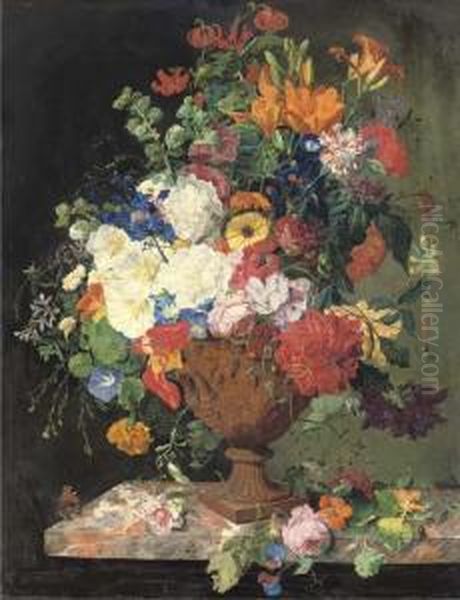 Lillies, Convolvuli, Carnations And Roses In An Urn On A Marble Ledge - view 1