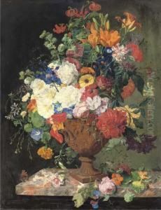 Lillies, Convolvuli, Carnations And Roses In An Urn On A Marble Ledge by Franz Xaver Petter