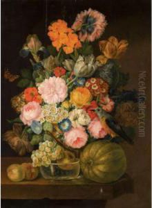 Still Life With Tulips,
Primroses, Morning Glory, Roses, Irises And Other Flowers, Together With
Various Fruits And A Bird On A Stone Ledge by Franz Xaver Petter