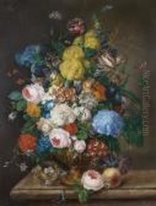 Roses, Irises, Carnations, 
Tulips And Other Flowers In A Bronze Urn On A Marble Ledge With A Peach 
And A Birds' Nest by Franz Xaver Petter