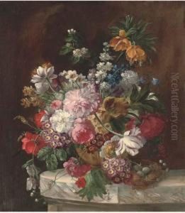 Roses, Tulips, Chrysanthemums, 
Narcissae And Other Summers Bloomsin An Urn By A Bird's Nest On A Marble
 Ledge